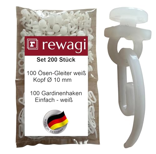 rewagi Set - 100 Ösen-Gleiter & 100 Gardinenhaken, Überklipshaken, Faltenhaken für Gardinenschienen von rewagi