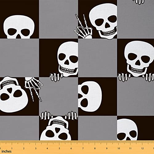 Skelett Sugar Skull Outdoor Stoff von The Yard,Grauer schwarzer geometrischer Nähstoff von The Yard,Happy Halloween Polsterstoff,184x150 von richhome