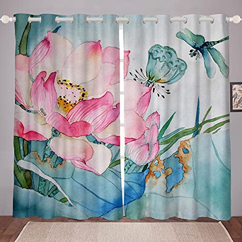 richhome Lotus Fenstervorhang 245x140cm,Aquarell Lotusblumen Vorhänge für Kinder,Sommerzeit-Libelle Gardine 2er-Set Fenster Vorhänge von richhome