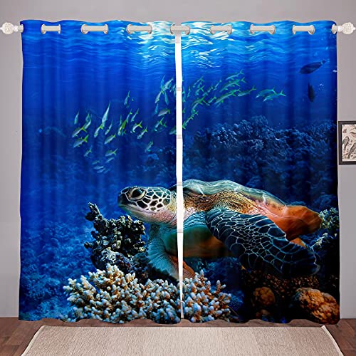 Ozean Fenstervorhang 245x140cm, Marine Design der Schwimmschildkröte Koralle Vorhänge für Kinder Mädchen Gedrucktes, Gardine 2er-Set Fenster Vorhänge,Blau von richhome