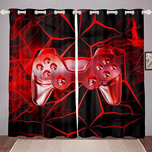 richhome Spielzimmer Fenstervorhang 245x140cm, Videospiel-Controller Mystery Smoke Vorhänge für Kinder Mädchen Gedrucktes, Gardine 2er-Set Fenster Vorhänge,rot schwarz von richhome