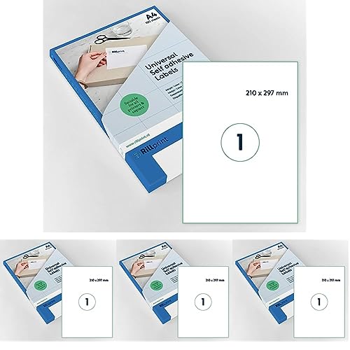 Rillprint Vielzweck Etiketten Selbstklebend - 100 Stück – 210 x 297 mm - 1 Klebeetiketten pro A4-Blatt - Bedruckbar & Abziehbar - Universal Adressaufkleber - 100 Blatt, Weiß (Packung mit 4) von rillstab original