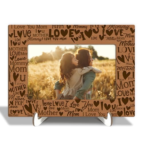 Holz-Bilderrahmen mit Holzständer, Fotorahmen, Tischdisplay – I Love You Mom, Regal, Schreibtisch, Dekoration, Geschenk für Frauen, Mama, Mutter, Muttertag, Heimdekoration, passend für 10,2 x 15,2 cm von rizotus