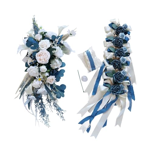 rockible Hochzeitsauto Dekorationsset Und Schleifen, Romantisch, Einfache Installation, Hochzeitsauto Bänder, Simulationsblumen für Zeremonienzubehör, Blau von rockible