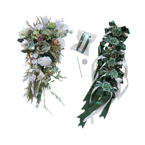 rockible Hochzeitsauto Dekorationsset Und Schleifen, Romantisch, Einfache Installation, Hochzeitsauto Bänder, Simulationsblumen für Zeremonienzubehör, GrÜn von rockible