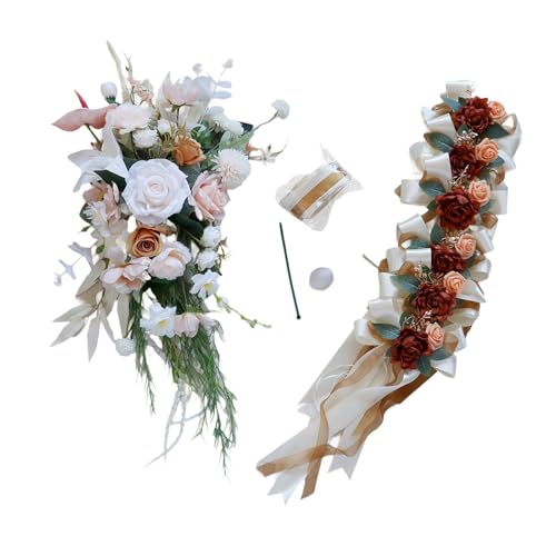 rockible Hochzeitsauto Dekorationsset Und Schleifen, Romantisch, Einfache Installation, Hochzeitsauto Bänder, Simulationsblumen für Zeremonienzubehör, Rosa von rockible