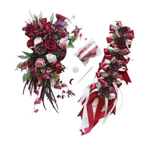 rockible Hochzeitsauto Dekorationsset Und Schleifen, Romantisch, Einfache Installation, Hochzeitsauto Bänder, Simulationsblumen für Zeremonienzubehör, Rot von rockible