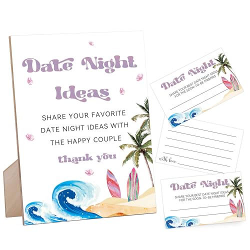 Date Night Ideen, rosa Surf Beach Brautdusche Schilder, für Date-Nachtspiele, Verlobungs-Party-Dekoration, Brautparty-Spiele für Hochzeitsempfang und Brautparty, 1 Holzschild und 50 Date-Nachtkarten, von rorusio