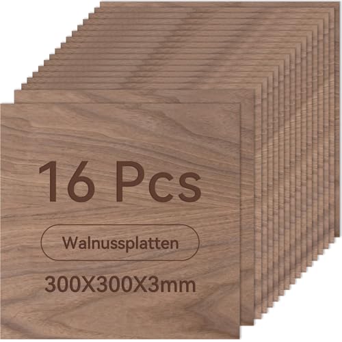 ROWOOD Sperrholzplatte 3mm 300x300mm 16Stück Walnuss holzplatte Zuschnitt Nach Maß Unbehandeltes Bastelhölzer Holz für Modellbau Laserschnit Laser Gravur Holz Brennen Malerei CNC von rowood