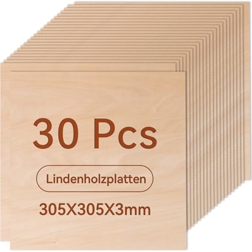 ROWOOD Sperrholzplatte 3mm 305x305mm 30Stück Linde holzplatte Zuschnitt Nach Maß Unbehandeltes Bastelhölzer Holz für Modellbau Laserschnit Laser Gravur Holz Brennen Malerei CNC von rowood