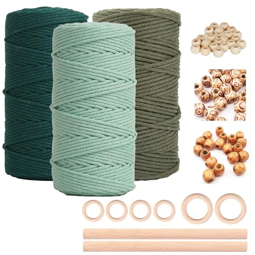 Makramee Garn 3mm x 60m 3er Makramee Set für DIY Handwerk Makramee Wandbehang Traumfänger Blumenampel Vorhang Bastelset Schnurkette, 60 Holzperlen 6 Holzringe 2 Rundstab von rumitpan