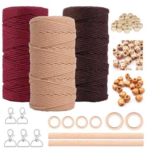 Makramee Garn 3mm x 60m 3er Makramee Set für Makramee Wandbehang Traumfänger Blumenampel Vorhang Schnurkette Bastelset DIY Handwerk, Mit 5 Schlüsselanhänger 60 Holzperlen 6 Holzringe 2 Rundstab von rumitpan