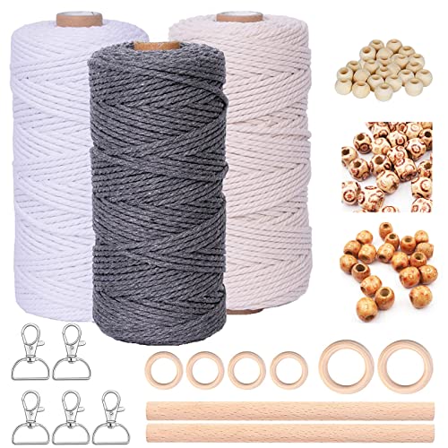 Makramee Garn 3mm x 60m 3er Makramee Set für Makramee Wandbehang Traumfänger Blumenampel Vorhang Schnurkette Bastelset DIY Handwerk, Mit 5 Schlüsselanhänger 60 Holzperlen 6 Holzringe 2 Rundstab von rumitpan