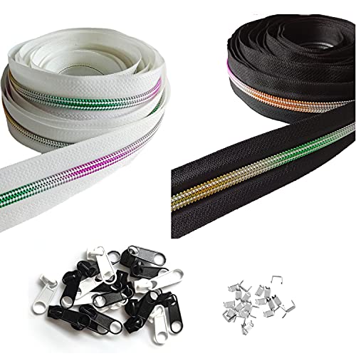 rumitpan Reißverschluss Regenbogen 3mm 10m Nylon Reißverschlüsse endlos mit 30 Zipper und 60 Endstück, Endlosreißverschluss spiralförmig Meterware teilbar, 2,5cm Breite für Tasche Kleidung Bettwäsche von rumitpan