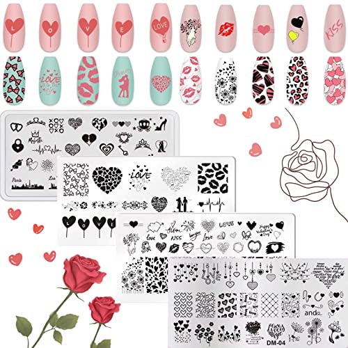 RUNRAYAY 4Pcs Love Series Nail Stamping Plates for Nails Image Valentine's Day Theme, Nail Templates Nail Stencils for Nails Art Stamping Kit Nail Stamp Plates Set Printing Tools for Women Girls Diy von runrayay