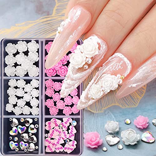 RUNRAYAY Rosa 3D-Blumen-Nagel-Charms, Nagel-Diamanten für Acrylnägel mit Herz-Nagel-Strasssteinen, Nagelkunst-Juwelen für Frauen, DIY-Nageldekorationen von runrayay