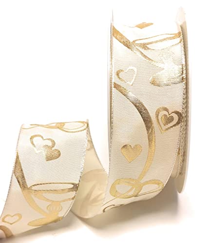 s.dekoda Schleifenband 20m x 40mm Creme - Gold Hochzeitsband Ringe Herzen Dekoband [3889] von s.dekoda