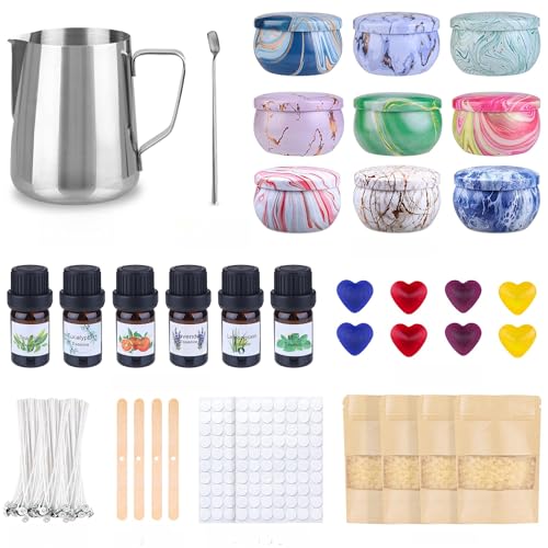 Kerzen Selber Machen Set,Kerzenherstellung Kit,DIY Kerzenherstellung Set ,Duftkerze Geschenke mit 480 g Wachs, 9 Kerzendosen, 100 Kerzendochten, 112 Dochtaufklebern, 6 ätherischen Ölen, 8 Farbblöcken von sacemontic