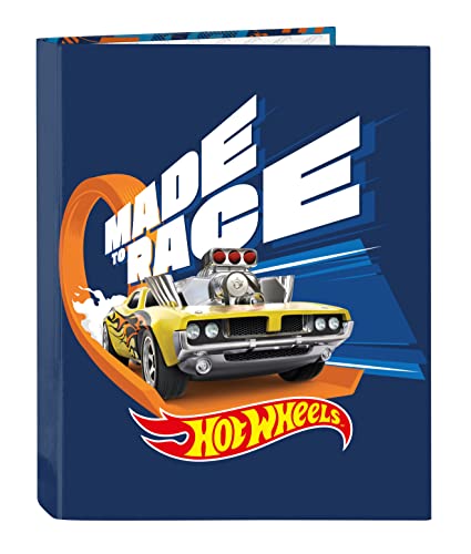 HOT WHEELS Speed Club - Ordner mit 4 Ringen, ideal für Kinder jeden Alters, bequem und vielseitig, Qualität und Widerstandsfähigkeit, 26,5 x 33 cm, Marineblau und Orange von safta