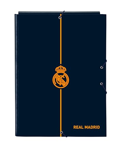 Real Madrid 2. Team 24/25, Folio-Ordner mit 3 Klappen, ideal für Kinder verschiedener Altersgruppen, bequem und vielseitig, Qualität und Widerstandsfähigkeit, 26 x 36,5 cm, Marineblau von safta