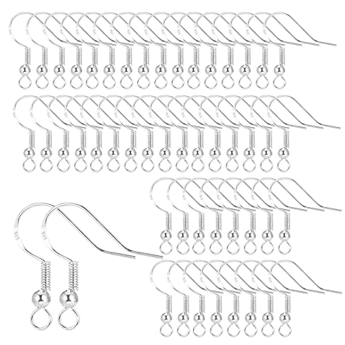 925 Silber Ohrring Haken,Hypoallergene Ohrhaken,Ohrringe Zubehör mit Perlen und Spule,DIY Ohrhänger Schmuckherstellun(Silber,50 Stück) von saizone