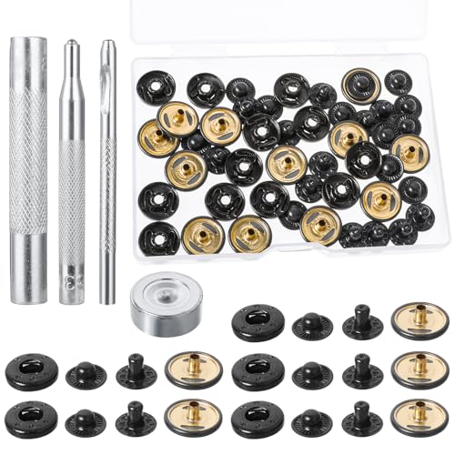 12 Sets Druckknöpfe Set, Messing Druckknöpfe Φ15mm Kupfer Druckknöpfe Metall Bronze Kleidung Druckknöpfe mit Fixierwerkzeug Kit für Leder Jeans Jacke Brieftasche Handtasche, Schwarz von salbsever