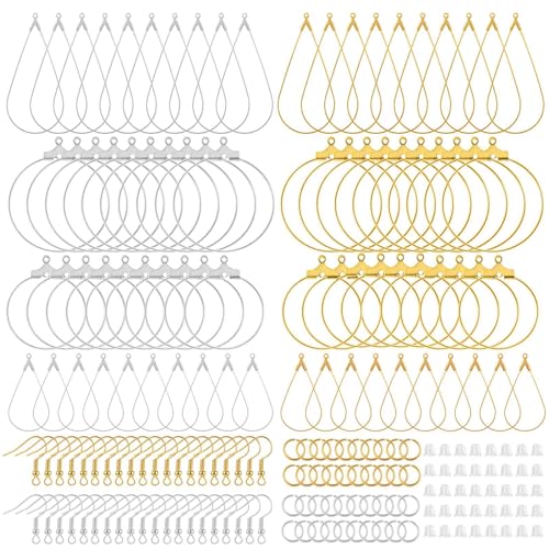 200 Stück DIY Ohrringe Perlen Creolen Set, Ohrringe Selber Machen Suche Nach Creolen, Tropfenform Circle und Ohrhaken Kunststoff Ohrstöpsel für Schmuckherstellung (Gold, silver) von salbsever