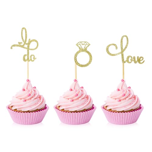 48 Stück Cake Topper Glitzer Tortendeko, Diamantring I Do Love Kuchendeckel Muffin Dekoration für Verlobung Junggesellenabschied Hochzeit Brautdusche Party Kuchen Dekoendeko Gold von salbsever