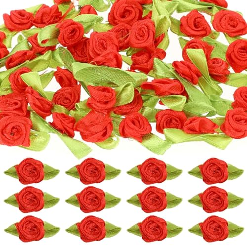 50 Stück Mini-Bandrosen zum Basteln, Satin-Rosen mit grünen Blättern, rote kleine Satinrosen, winzige künstliche Stoffblumen, Ornament-Applikation für Hochzeit, Braut, Nähen, Verpacken, von salbsever
