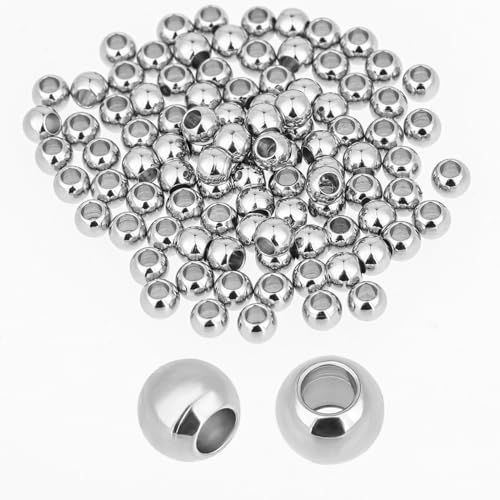 100 Stück 6 mm Perlen für Paracord, Edelstahl Silberne Abstandsperlen, Großes Loch Glatte, Runde Abstandsperlen für die Schmuckherstellung, 3mm Paracord Perlen für DIY Armbändern, Halsketten von salbsever