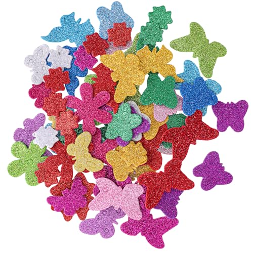 Glitter Schaumstoff Sticker Blumen und Schmetterlings formen Aufkleber Selbstklebendes Glitzernde Moosgummi Stickers Glitzer Foam Aufkleber für Kunsthandwerk Sammelalben DIY Dekoration, 80 Stück Bunte von salbsever