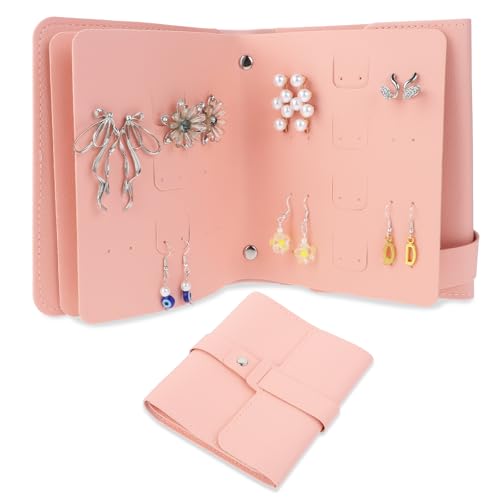 salbsever Rosa Reise-Ohrring-Halter, Organizer, Ohrstecker-Aufbewahrungsbox, Organizer, Rolle mit faltbarem Buch-Design, faltbare Schmuckschatulle, tragbar, PU-Leder, Reise-Ohrring-Etui für Damen von salbsever