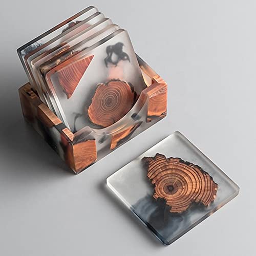 Saumo Untersetzer quadratisch für Gläser 6er Set Ink. Halter - Quadratische Design Glasuntersetzer für Getränke, Tassen, Bar, Glas - Tischuntersetzer Echt - Holz/Epoxidharz Resin Dekoration von Saumo