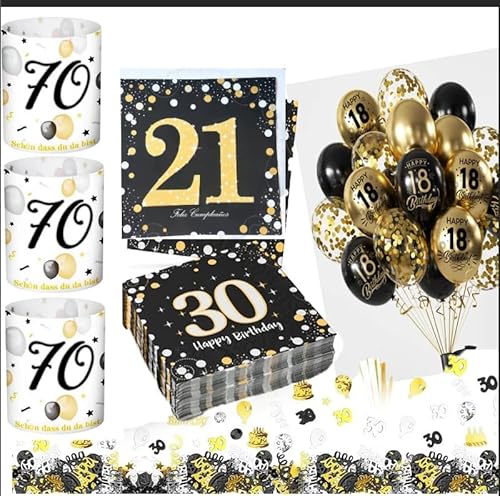 Sancuanyi Tischdeko 30 geburtstag,Servietten Schwarz Gold,Konfetti Set,Windlicht Tischdeko 30 Geburtstag,Geburtstag Deko Schwarz Gold Luftballons,Geeignet für Teelichter oder Kerzen von sancuanyi