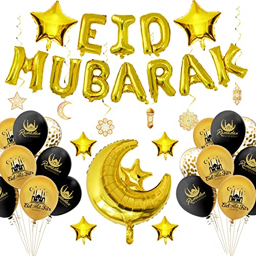 Eid Mubarak Dekoration, 51 Stück Schwarze Goldene Ramadan Mubarak Dekoration Set, Eid Mubarak Mond Sterne Konfetti Luftballons Girlande deko, Moon Ballon für Muslim Ramazan Kareem Partydeko von sancuanyi