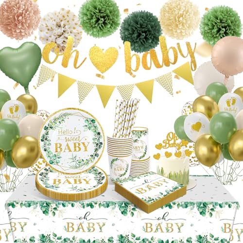 Sancuanyi Grüne Gold Baby Shower Dekoration,Baby Partygeschirr Set,Baby Party Deko Junge Mädchen,Babyshowerparty Deko,Oh Baby Banner Luftballon Tischdecken Servietten Papierteller Becher von sancuanyi