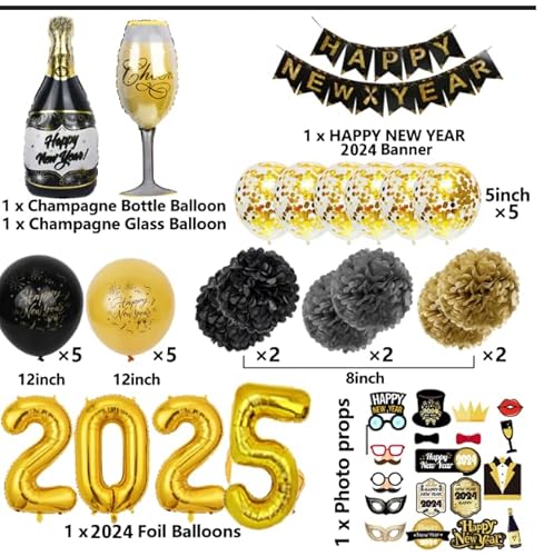 Sancuanyi Happy New Year Luftballon 2025,Silvester Deko 2025,Luftballons Schwarz Gold mit Silvester Banner,Ballon 2025 Party Set,Neujahr Silvesterdeko,Konfetti Ballons für New Year Decoration von sancuanyi