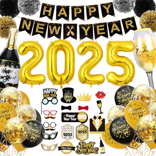 Sancuanyi Neujahr Deko 2025,Silvester Deko Schwarz Gold Ballon mit Silvester Banner,Happy New Year Deko,Neujahr Silvesterdeko Set,Konfetti Ballons,Silvesterpartydeko Accessoire für Silvesterparty von sancuanyi