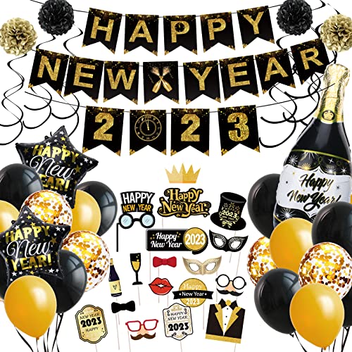 Silvester Deko 2023, Happy New Year Deko Set, Neujahr Deko 2023 Schwarz Gold Ballon mit Silvester Banner Foto Requisiten Girlande Papier Pompons für Silvester Party Deko von sancuanyi