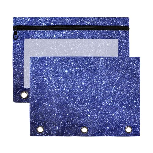 Dunkelblaue glitzernde Sternenring-Binder-Tasche mit transparentem Fenster, Federmäppchen, Organizer in verschiedenen Farben, 3-Ringbuch für Klassenzimmer, 2 Stück von sanluoli