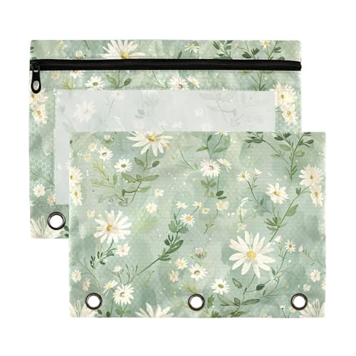 Fresh Little Daisy Ordnertaschen im ländlichen Stil mit transparentem Fenster, großes Federmäppchen mit Reißverschluss, verstärkte Ösen, 3-Loch-Binder für Bürobedarf, mehrfarbig, 2 Stück von sanluoli