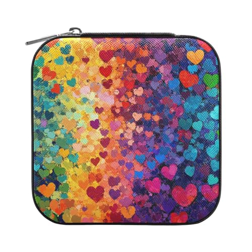 sanluoli Bunte Herzen, Regenbogen-Schmuckschatulle, Reise-Schmuckkästchen, Organizer, Leder, Mini-Schmuckkästchen für Damen, tragbar für Frauen von sanluoli