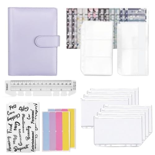 A6 Budget Binder Set, PU Leder Ringbuch mit transparentem Reißverschluss, Budget Cash Envelope für Tagebuch und Reisen, Brieftasche, Budget und Geldsparumschlag (lila) von sanvpwsan