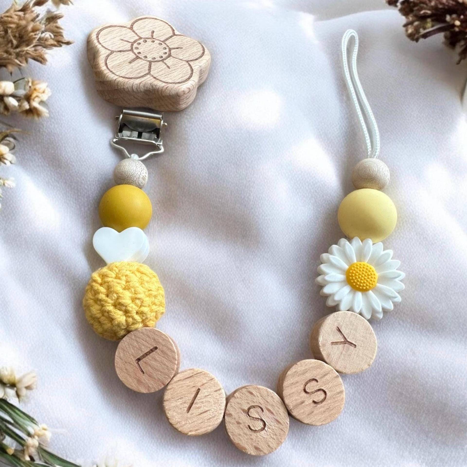 Schnullerkette Mit Namen Blume Herz Für Junge Oder Mädchen Baby Personalisiert Personalisierte Geschenk Zur Geburt Taufe Gelb Bunt von schnullerzauber1