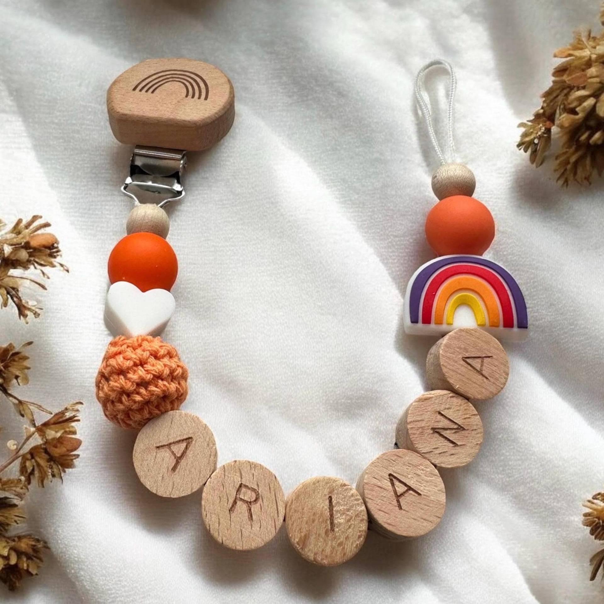 Schnullerkette Mit Namen Regenbogen Für Jungen Und Mädchen Baby Personalisiert Personalisierte Geschenke Orange Geschenk Zur Geburt Taufe von schnullerzauber1