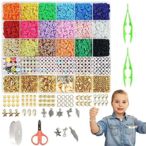 scyca Tonperlen-Armbandherstellungsset, Schmuckherstellungsset für Mädchen | Tonarmband-Herstellungsset für Mädchen | 24 Farben Schnurperlen für Kleinkinder, Perlenschmuckherstellung, Bastelsets für von scyca