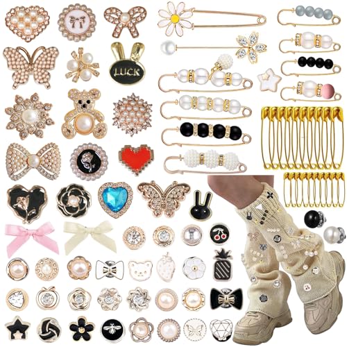 80 Stück Charms für Socken, Junk Socken-Charms, Sneaker-Charms, Sockenschmuck, Charm-Anstecknadel-Set, Perlen-Strass-Broschen und -nadeln für Damen, goldfarbene Sicherheitsnadeln für Schuhe, Socken, von sdezunx