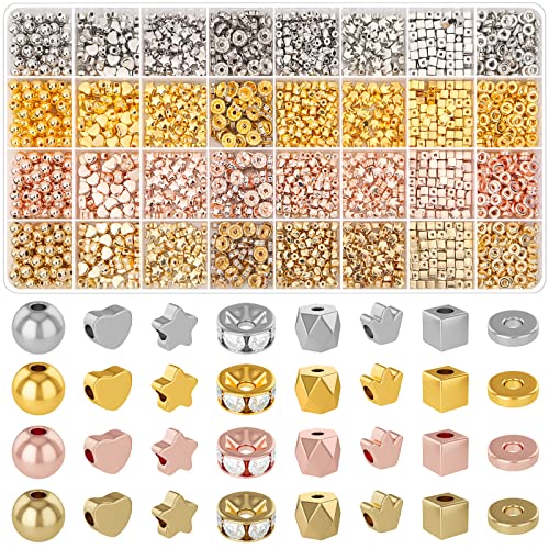 2240 Stück Abstandshalter für Schmuckherstellung in 8 Stilen, sortierte Goldperlen für Armbänder, runde Perlen, flache Perlen, Sternperlen, Armband-Abstandshalter, Perlen zum Basteln (Gold, Silber, von selizo