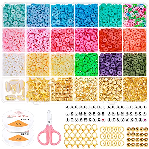 selizo 5080 Stück Polymer Clay Perlen Set 4500 Stück Flach Perlen mit 250 Stück Buchstabenperlen 200 Stück Goldene Perlen, 6mm Heishi Clay Perlen Basteln für DIY Schmuck Armbänder Halskette Bausatz von selizo