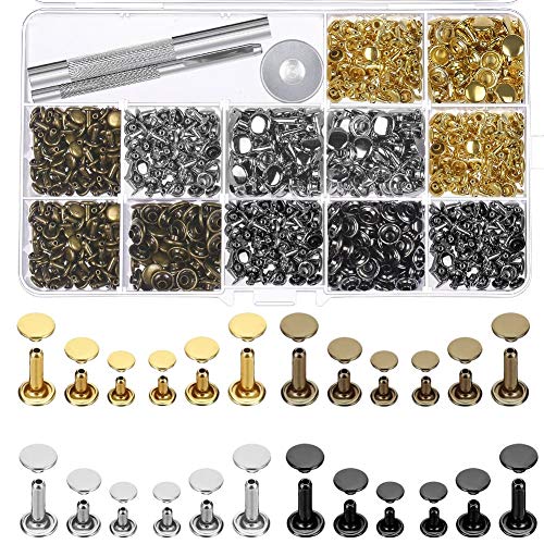 Selizo 480 Sets, 4 Farben, 3 Größen, Ledernieten, Doppelkappen-Nieten, röhrenförmige Metallnieten mit 3-teiligem Einstellwerkzeug-Set für Lederhandwerk, Reparaturen, Dekoration von selizo